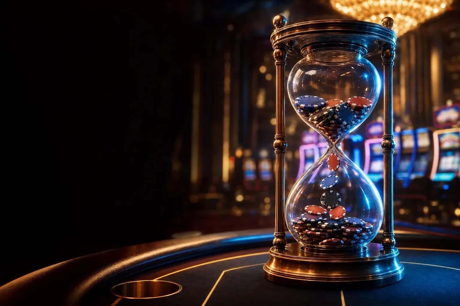 Sanduhr aus Messing und Glas, durch die Casino-Chips fallen (mit AI erstelltes Bild)