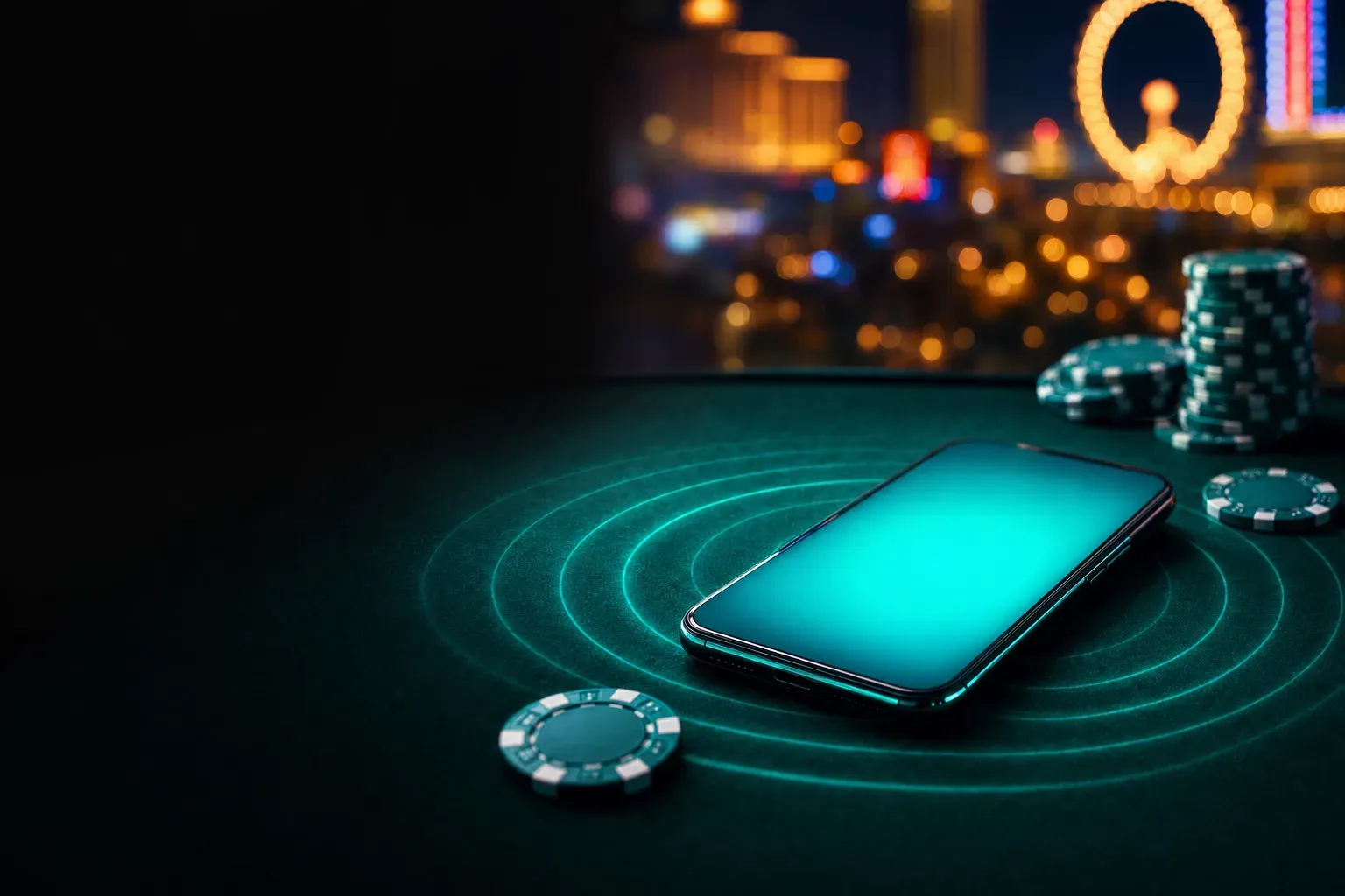 Smartphone mit türkis leuchtendem Bildschirm auf grünem Filz, umgeben von Lichtringen (mit AI erstelltes Bild)