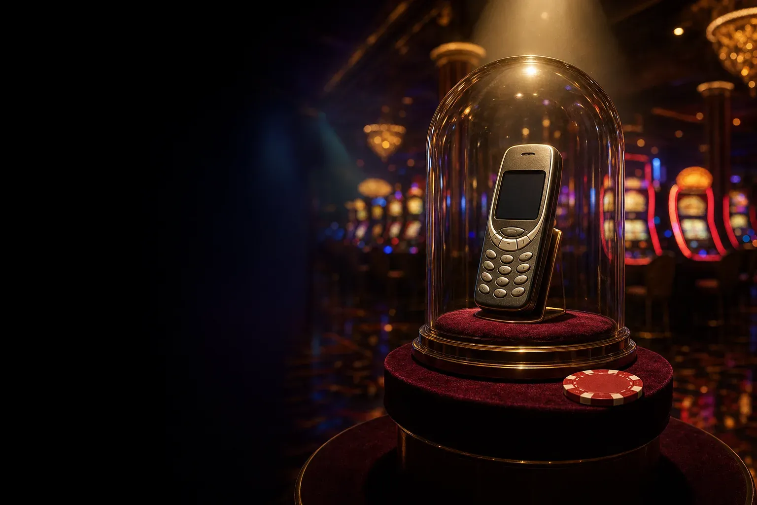 Altes Mobiltelefon unter einer Glashaube auf einem Samtsockel, daneben ein Chip (mit AI erstelltes Bild)