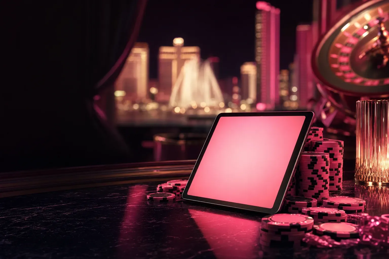 Tablet mit rosa leuchtendem Bildschirm an einem Stapel rosa Spielchips (mit AI erstelltes Bild)