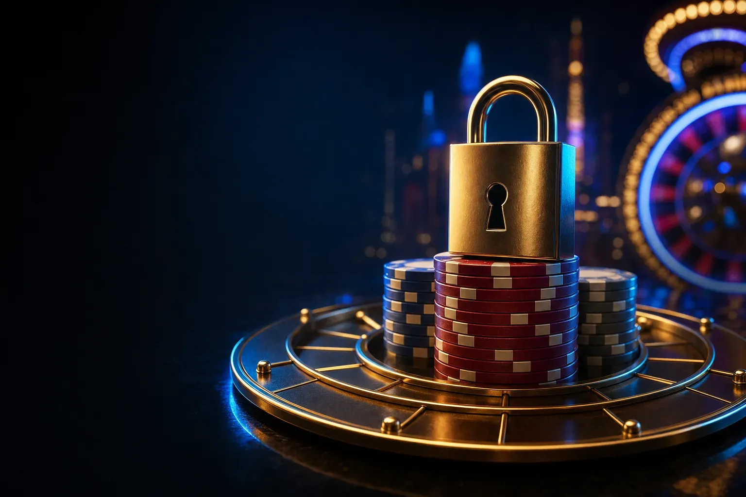 Messing-Vorhängeschloss auf einem Stapel Spielchips, umgeben von einem Drehring (mit AI erstelltes Bild)