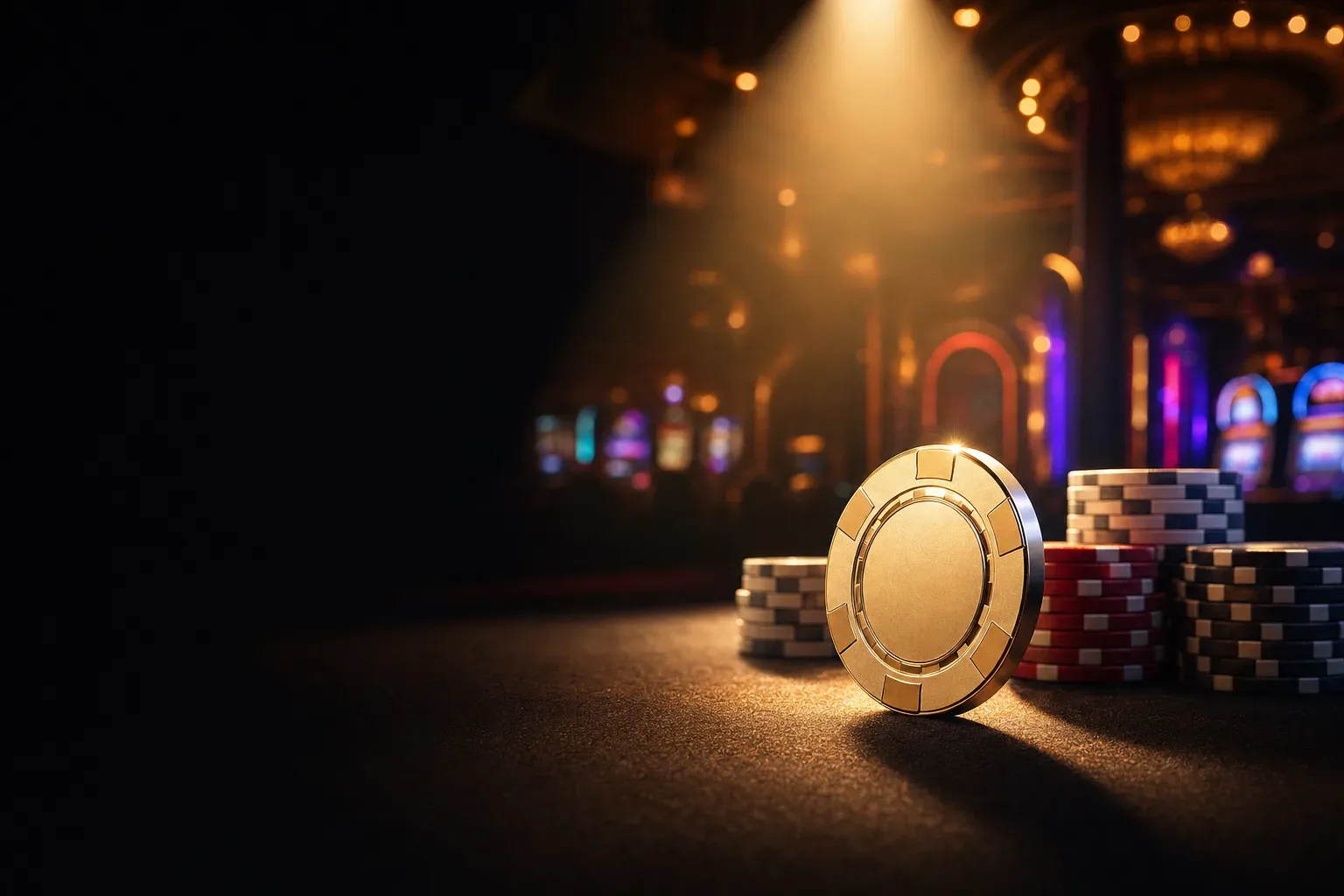 Ein einzelner Casino-Chip steht im Scheinwerferlicht auf dunklem Filz (mit AI erstelltes Bild)