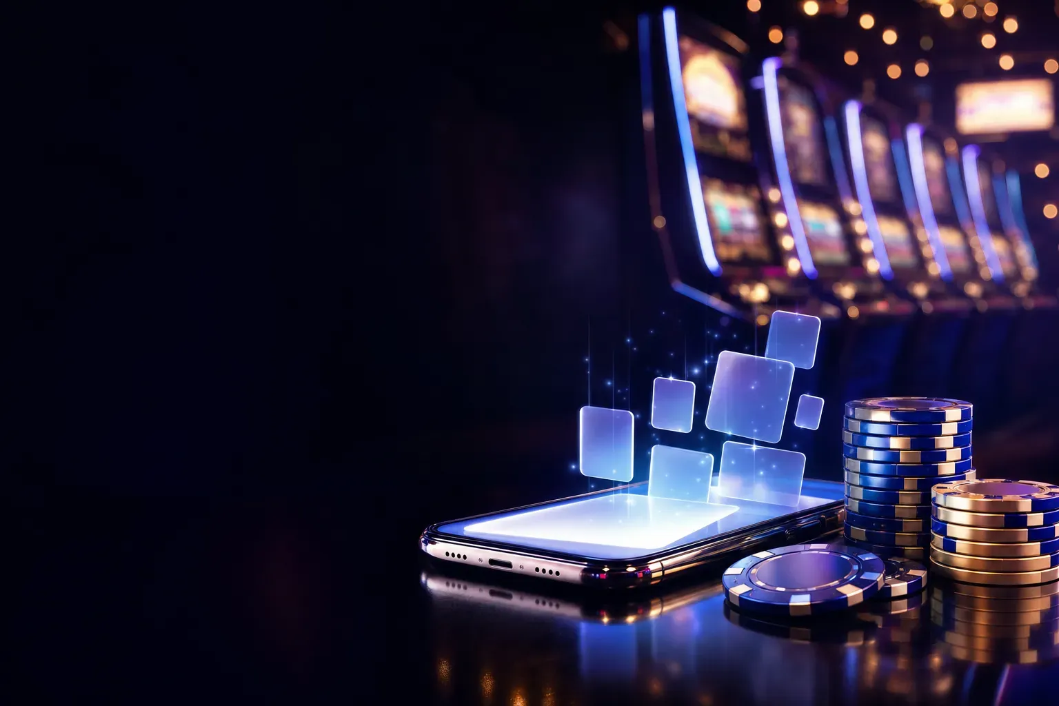 Smartphone mit leuchtendem Bildschirm, aus dem helle Kacheln aufsteigen, daneben blaue Jetonstapel und im Hintergrund eine Reihe Spielautomaten (mit AI erstelltes Bild)