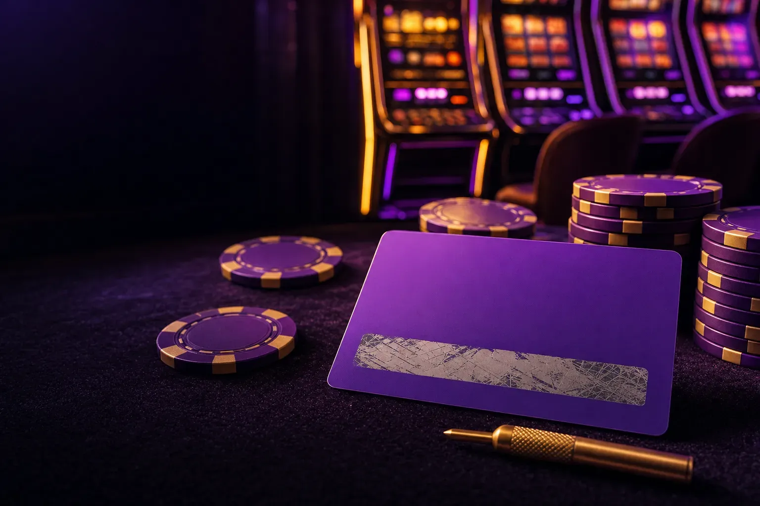 Violette Prepaid-Karte mit freigerubbeltem Streifen zwischen violetten Jetons, dahinter leuchtende Spielautomaten (mit AI erstelltes Bild)