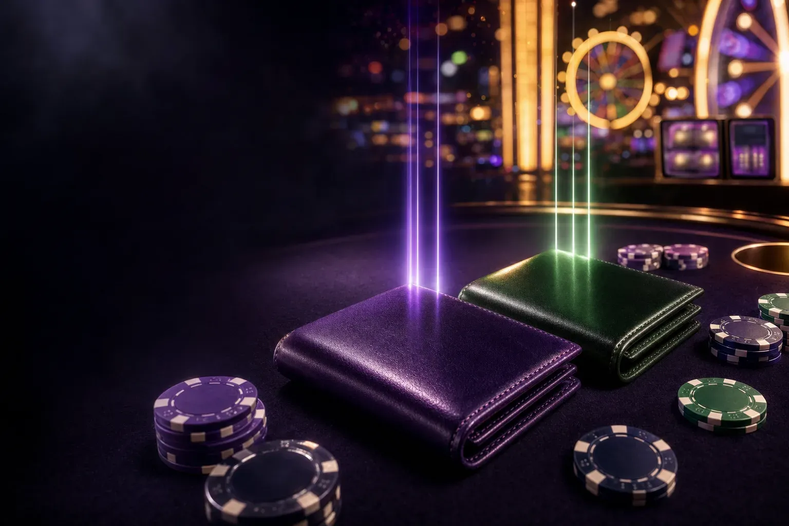 Zwei geschlossene Geldbörsen in Violett und Grün auf dunklem Filz, umgeben von Casino-Chips (mit AI erstelltes Bild)