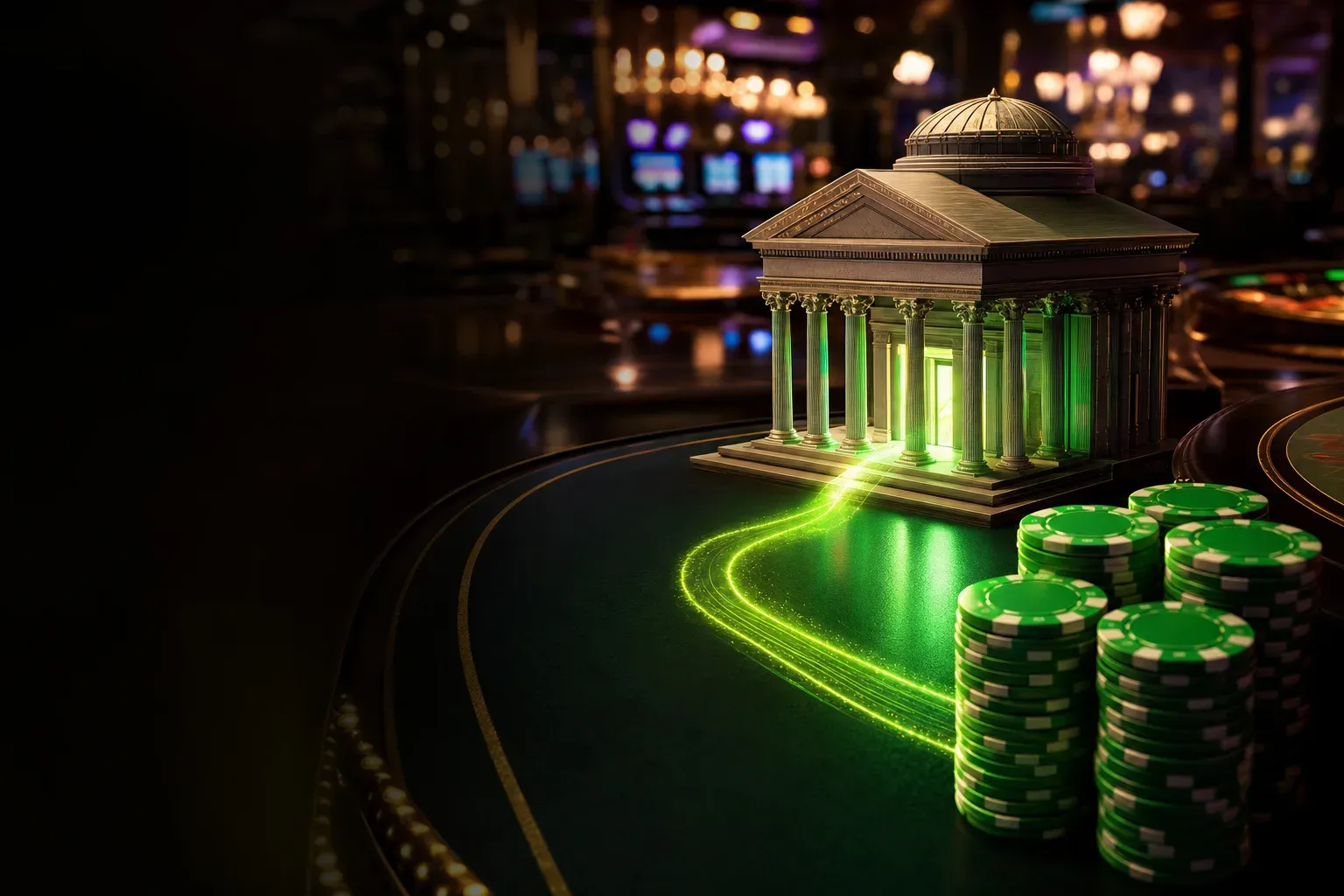 Modell eines Bankgebäudes, aus dessen Tür eine grüne Lichtspur zu Chip-Stapeln führt (mit AI erstelltes Bild)