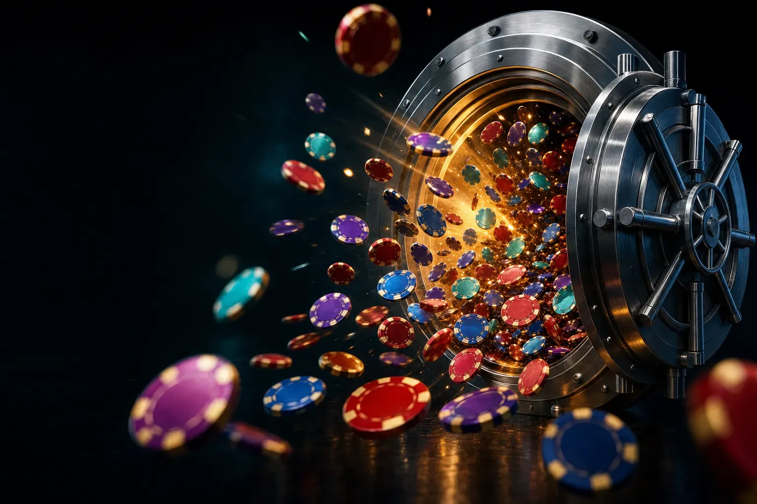 Casino-Chips fliegen aus einer geöffneten Tresortür (mit AI erstelltes Bild)